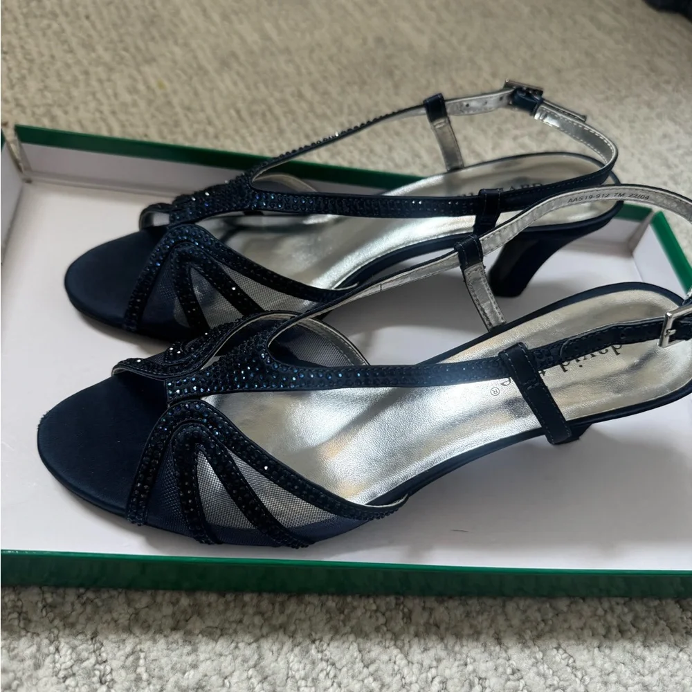 David Tate Navy Satin Open-Toe Crystal Slingback Heels - Picture 2 of 10